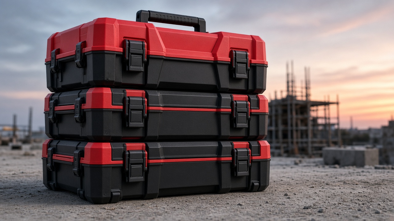 Three red and black Stackbay crates on a jobsite
