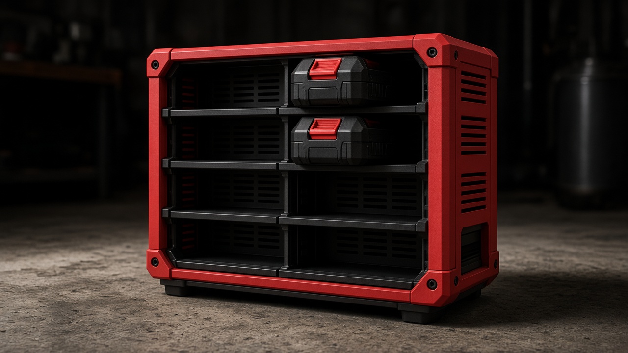 Red four-bay Hexjaw charger on a concrete shop floor
