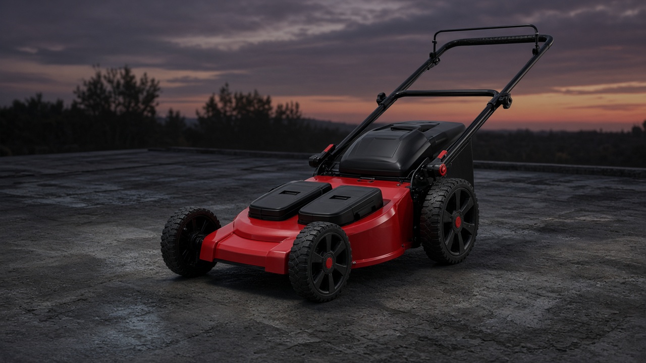 Red dual-battery Hexjaw mower at dusk