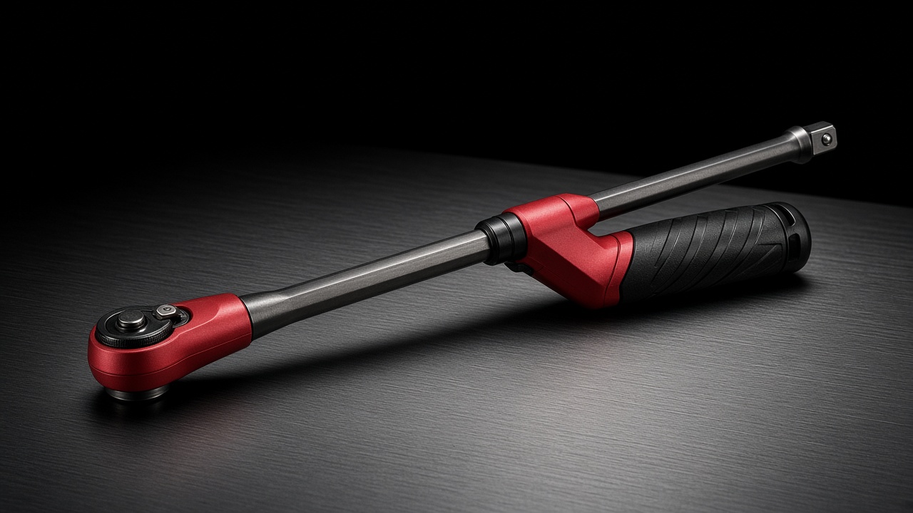 Red extended-reach Hexjaw ratchet on steel