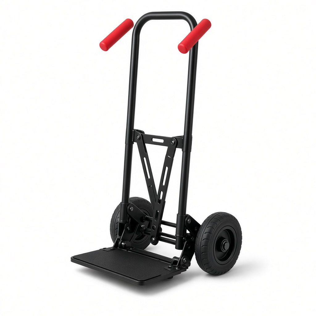 Black folding hand truck with red grips